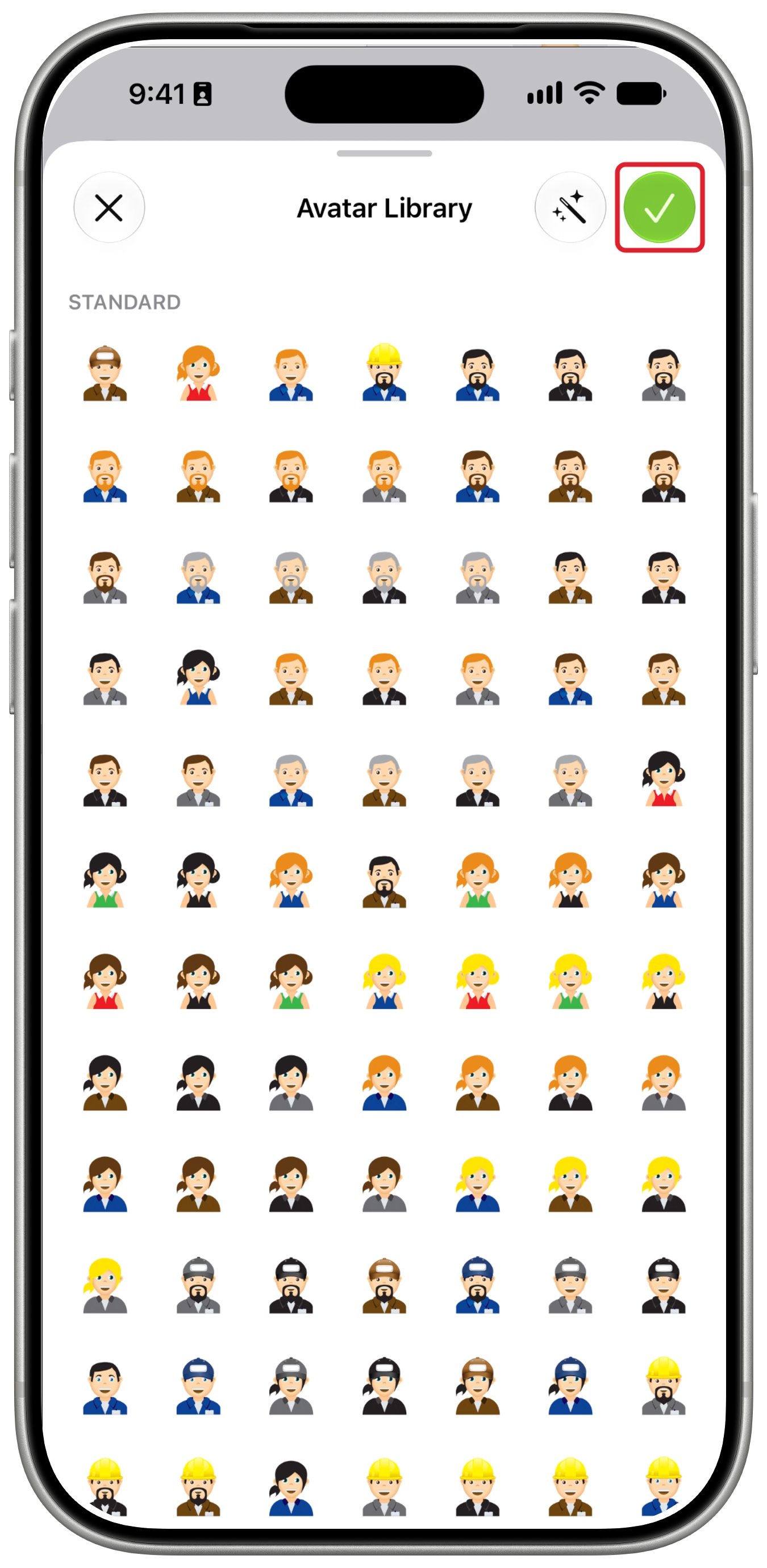 Standard icons in the Avatar Library, with the Use Avatar checkmark outlined in red