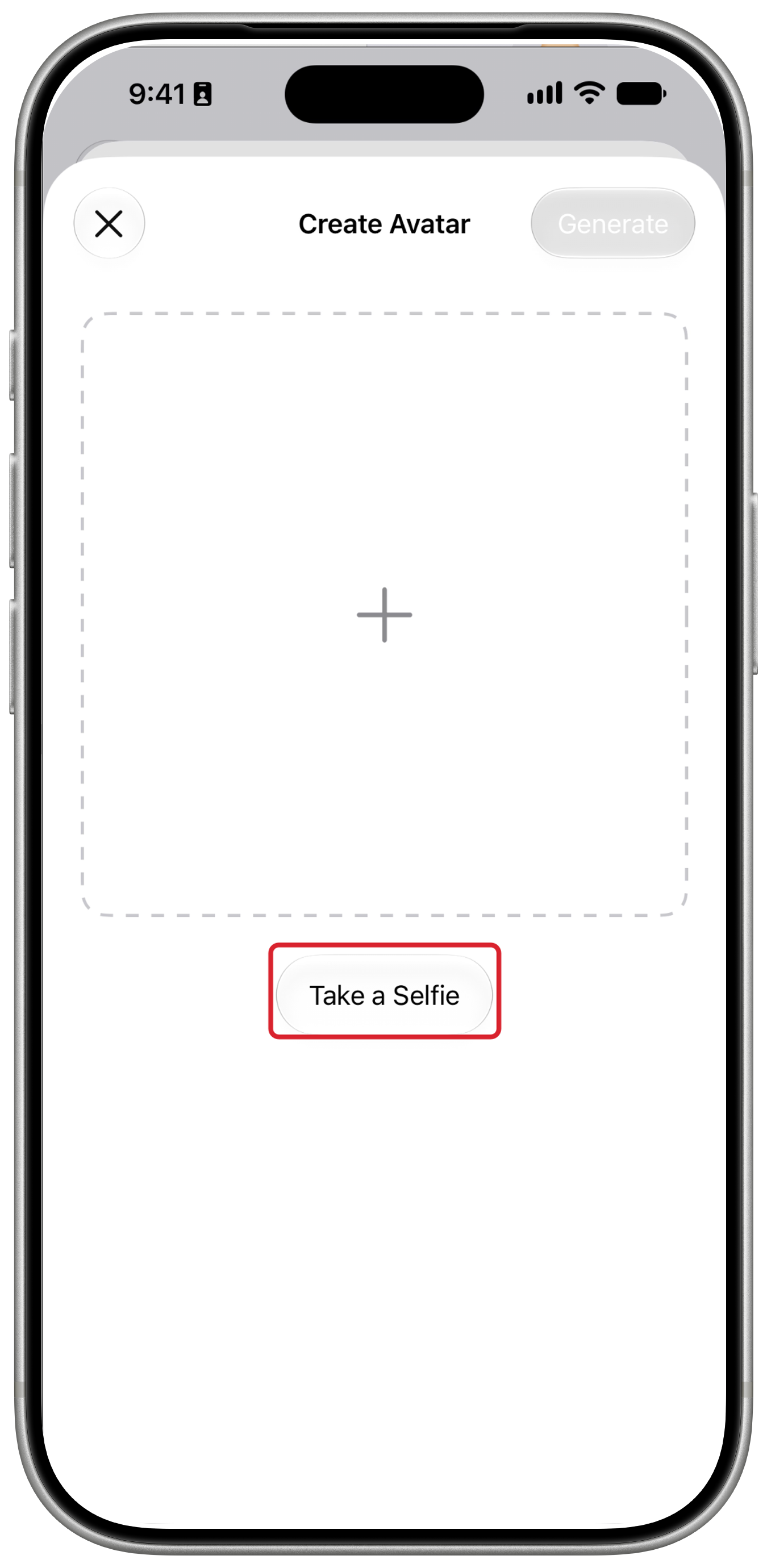 Create Avatar screen with Take a Selfie outlined in red