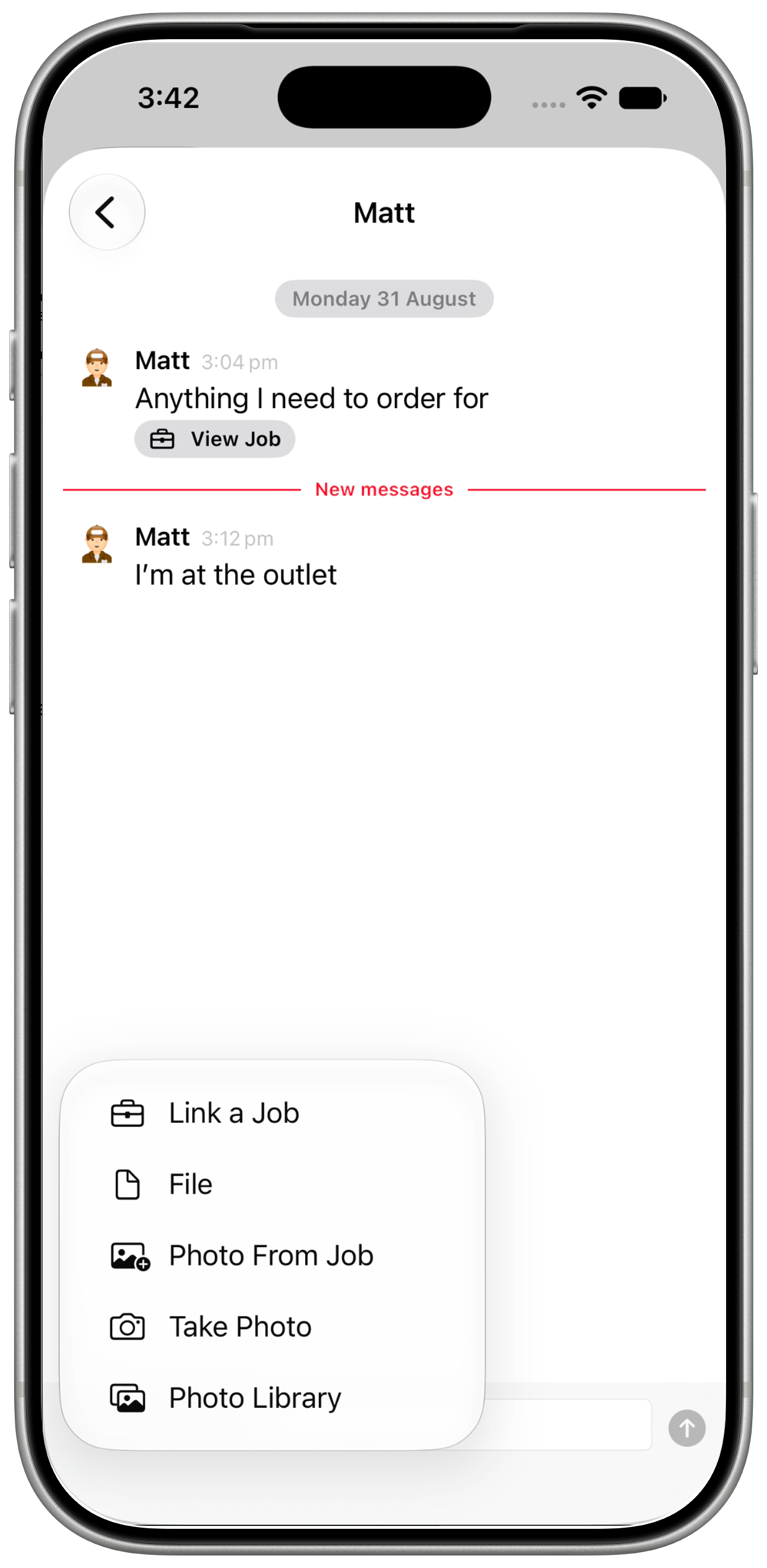 Matt's direct conversation on iPhone, with the attachment menu showing Link a Job, File, Photo From Job, Take Photo and Photo Library.