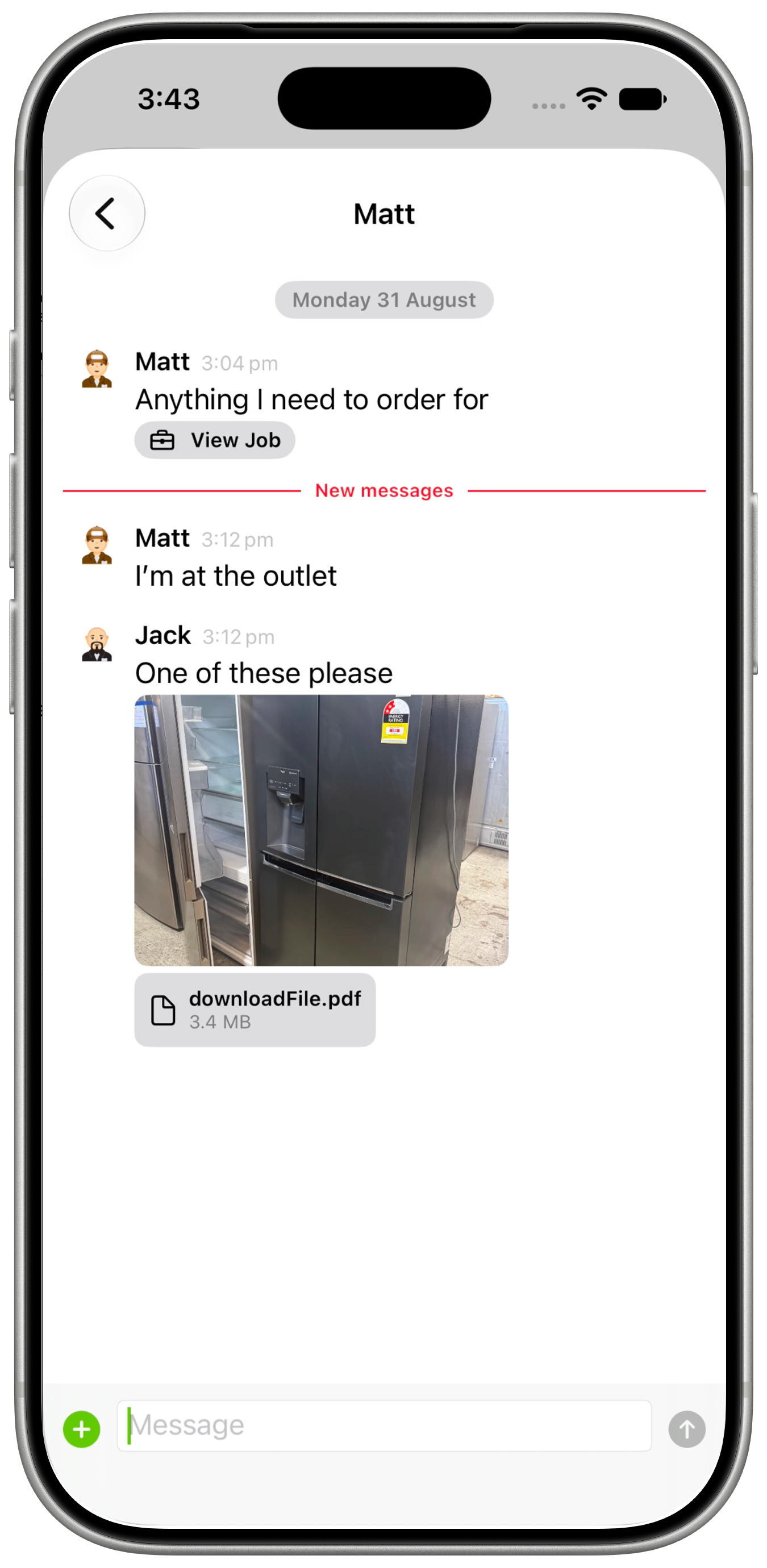 Jack's posted message to Matt on iPhone, containing a refrigerator photo and downloadFile.pdf.