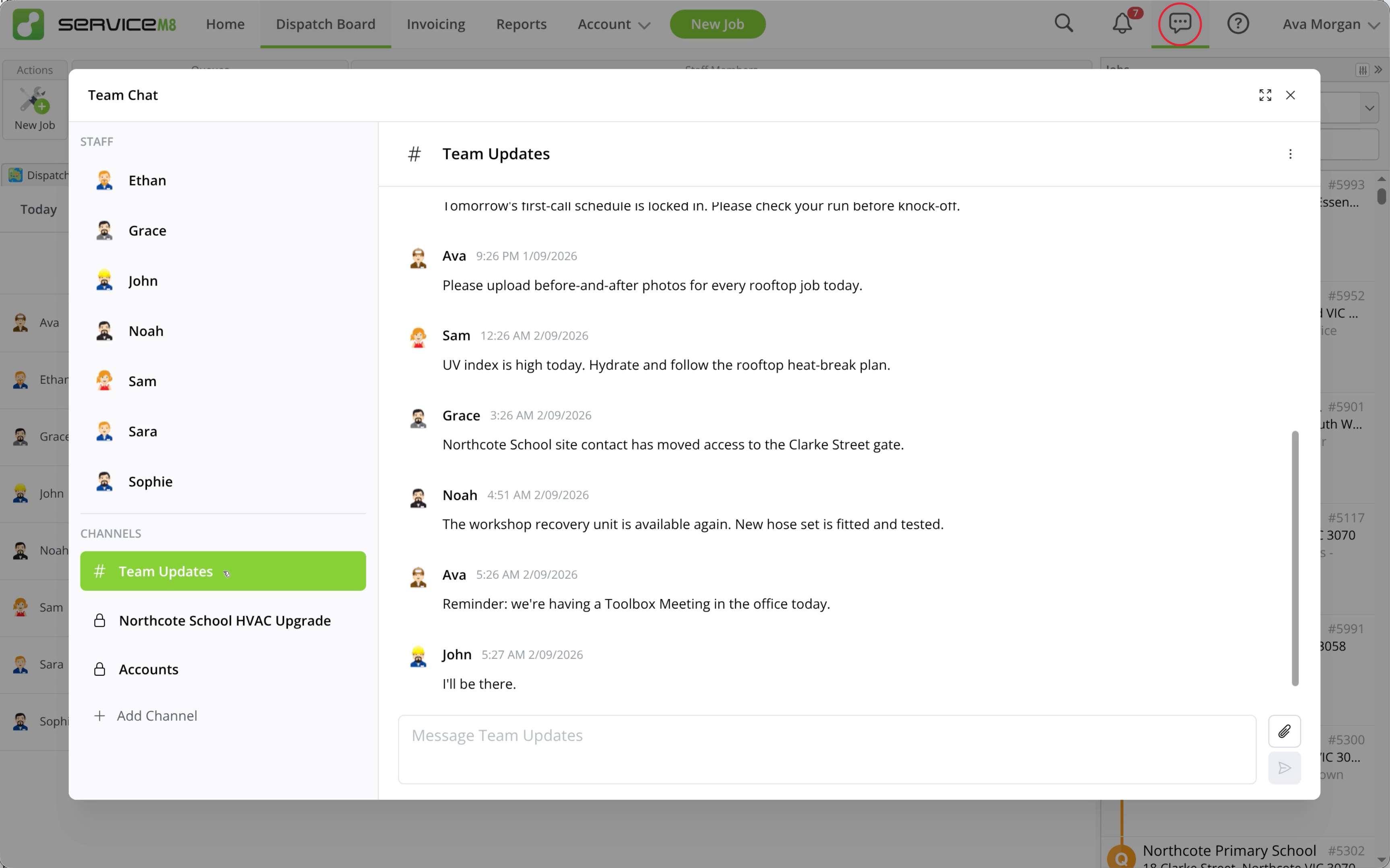 Team Chat in the Online Dashboard, with the header Chat icon highlighted and staff and channels in the sidebar.