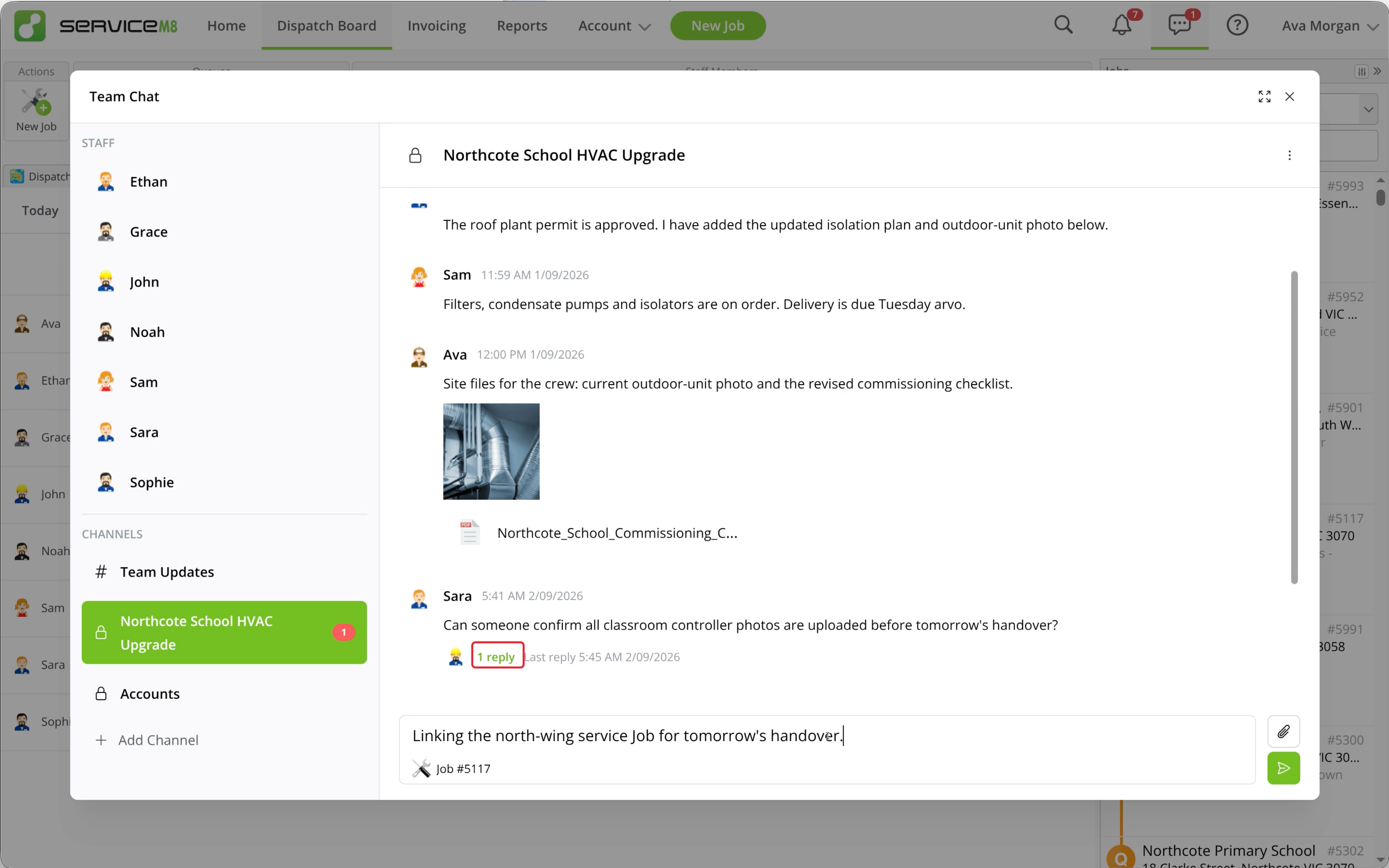 Channel message with one reply and a participant avatar; the reply link is highlighted, and Job 5117 is staged in the composer.