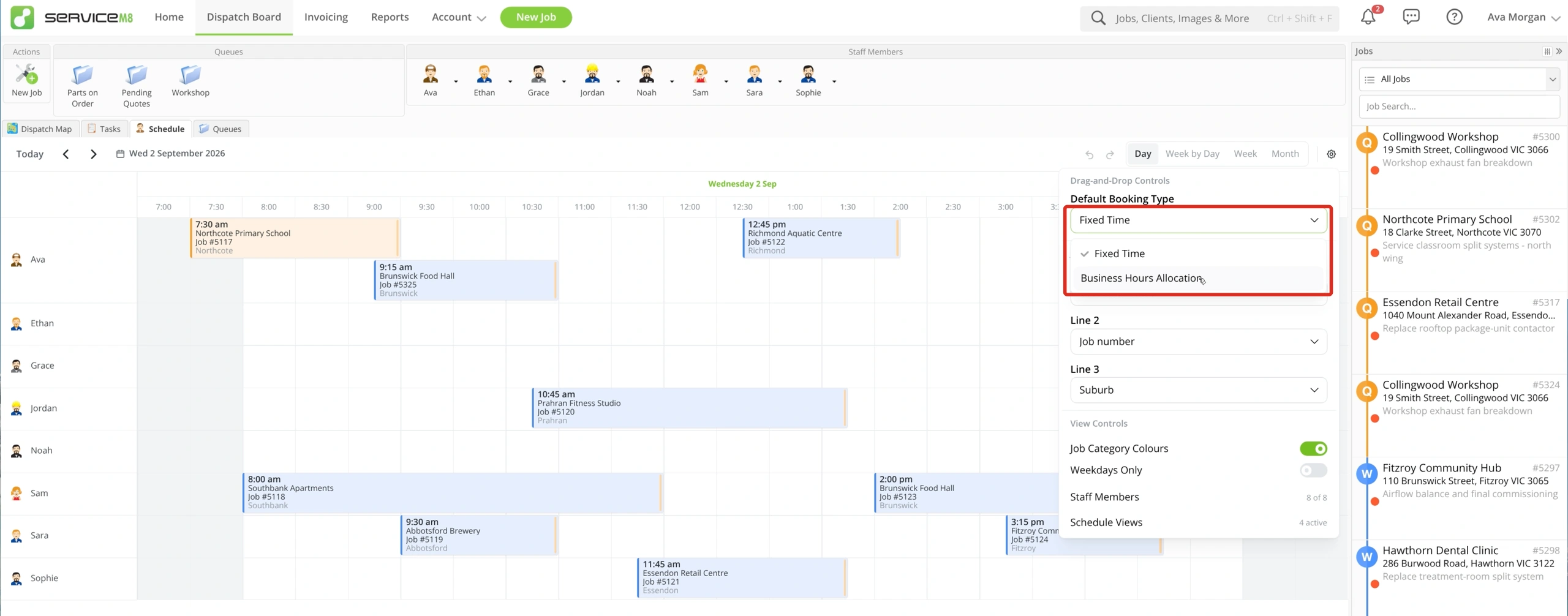 Default Booking Type dropdown showing Fixed Time and Business Hours Allocation