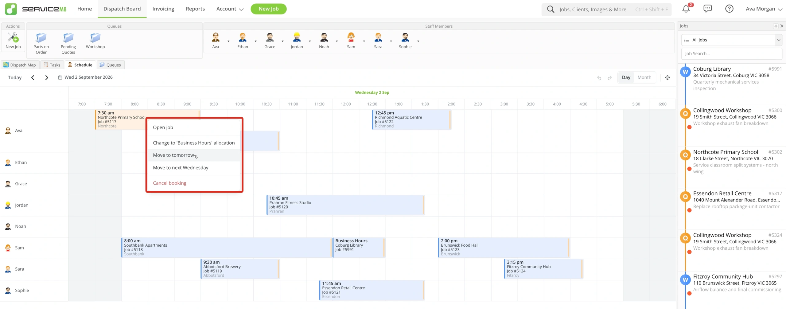 Booking context menu showing move, allocation conversion and cancellation commands