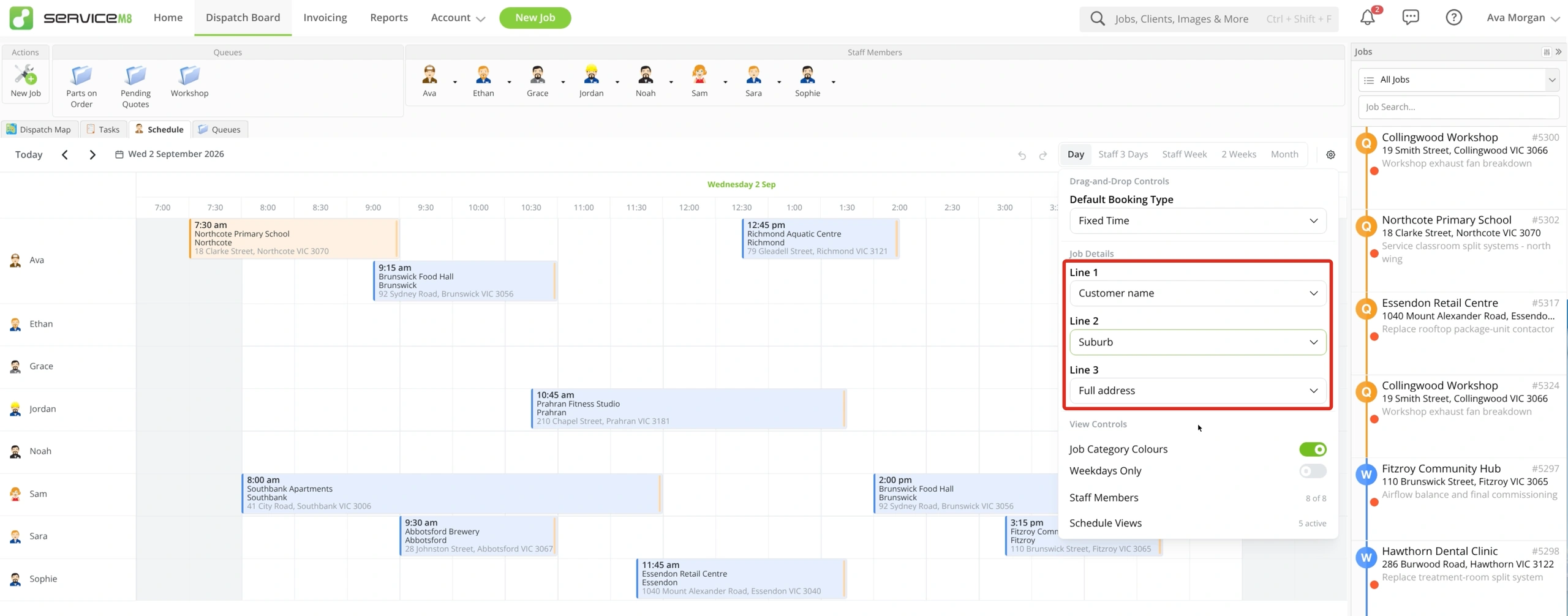 Schedule preferences showing the three booking-card fields and Job Category Colours