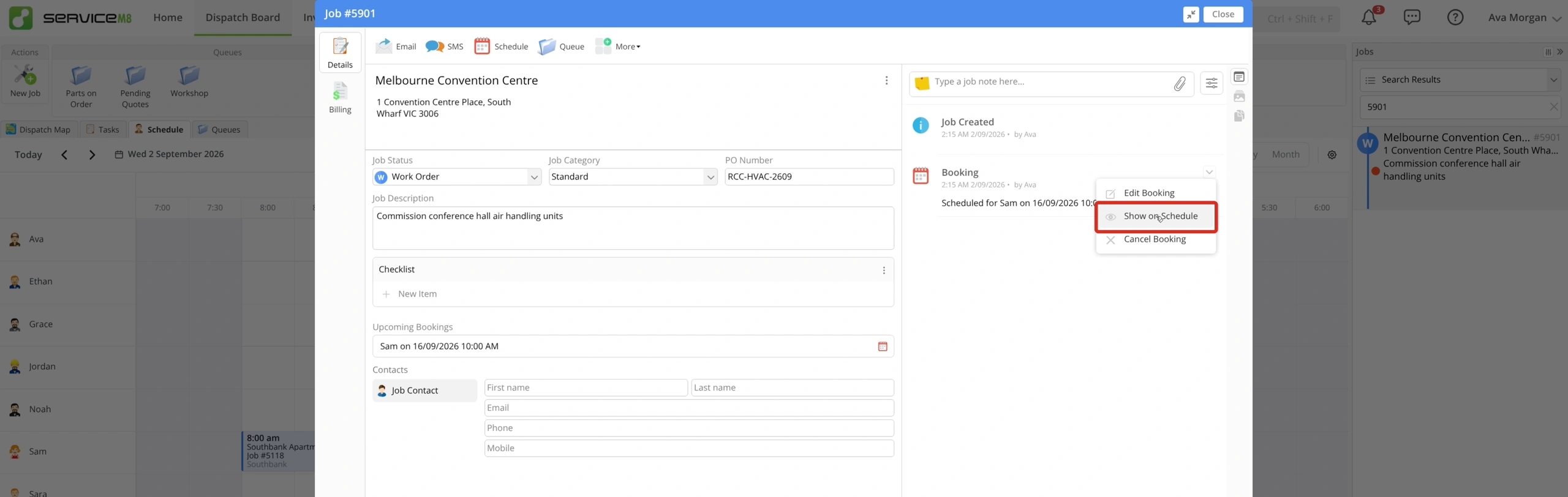 Job Diary booking menu with Show on Schedule outlined