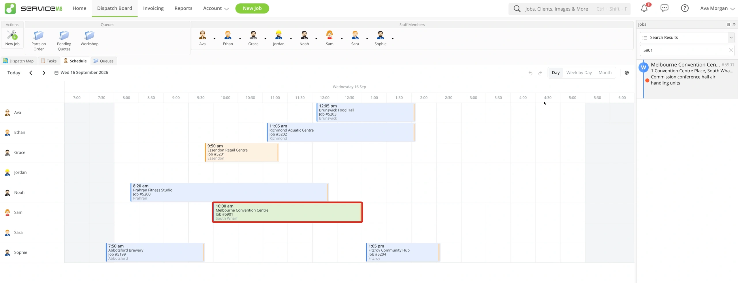 Schedule on the matching booking date with the booking highlighted in its staff row
