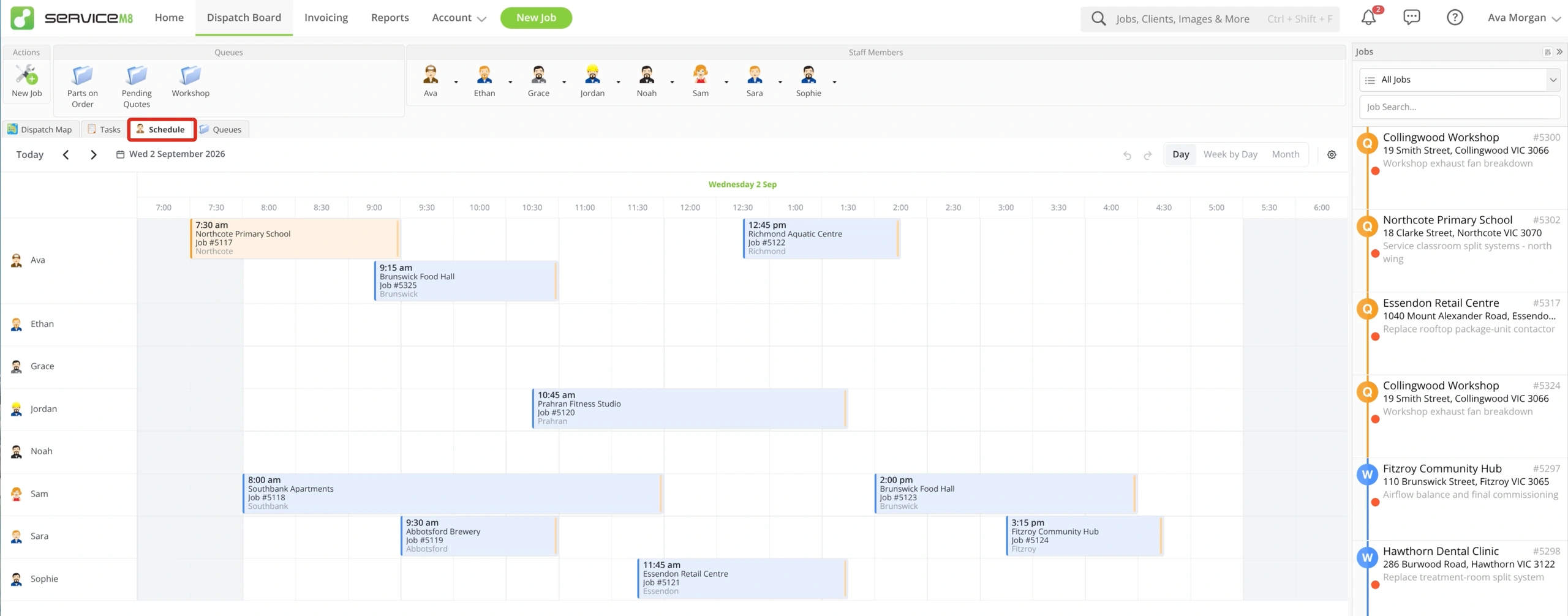 Dispatch Board with the Schedule tab outlined and overlapping bookings in Day view