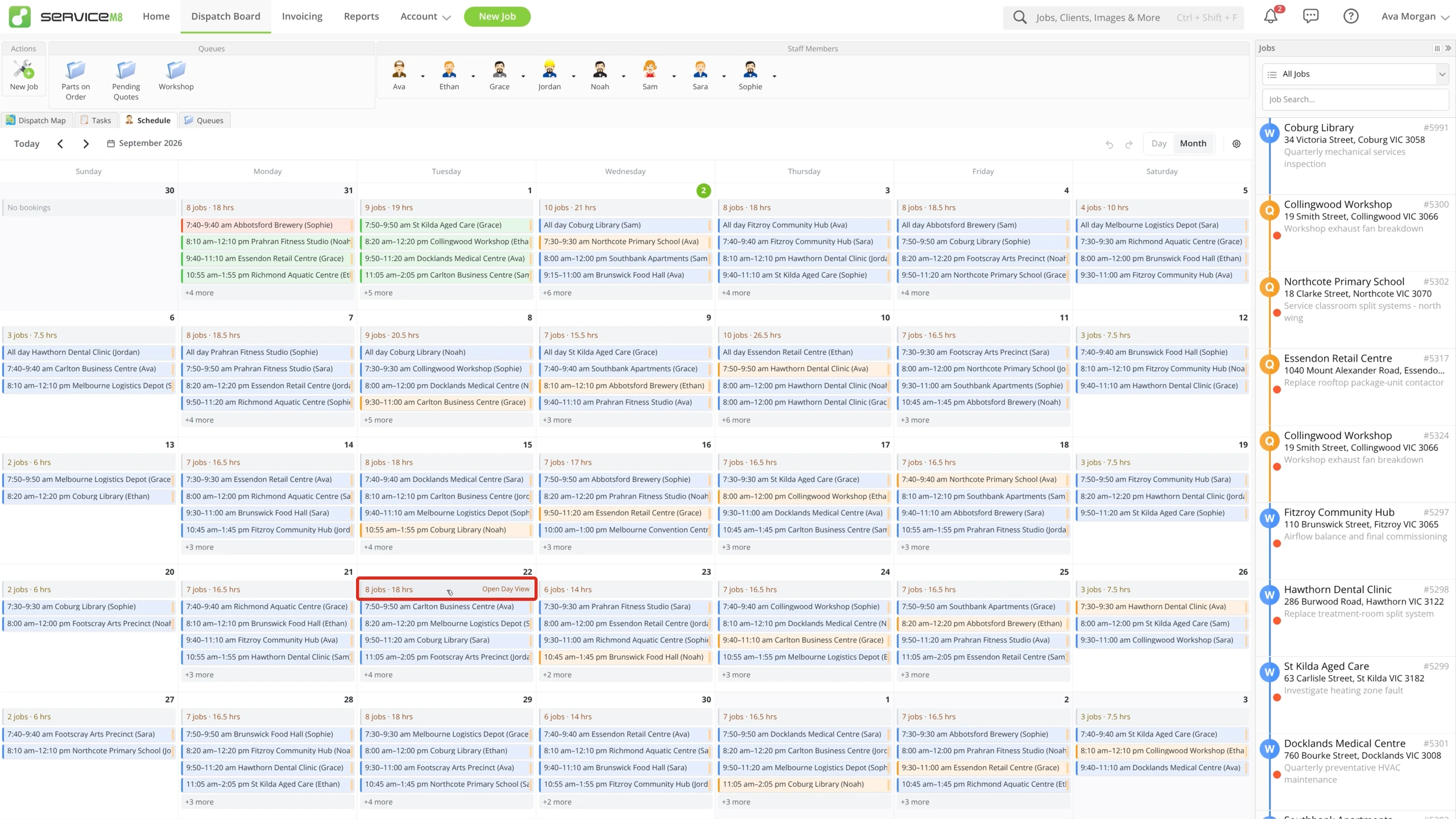 Month view with the Open Day View action outlined on a date summary