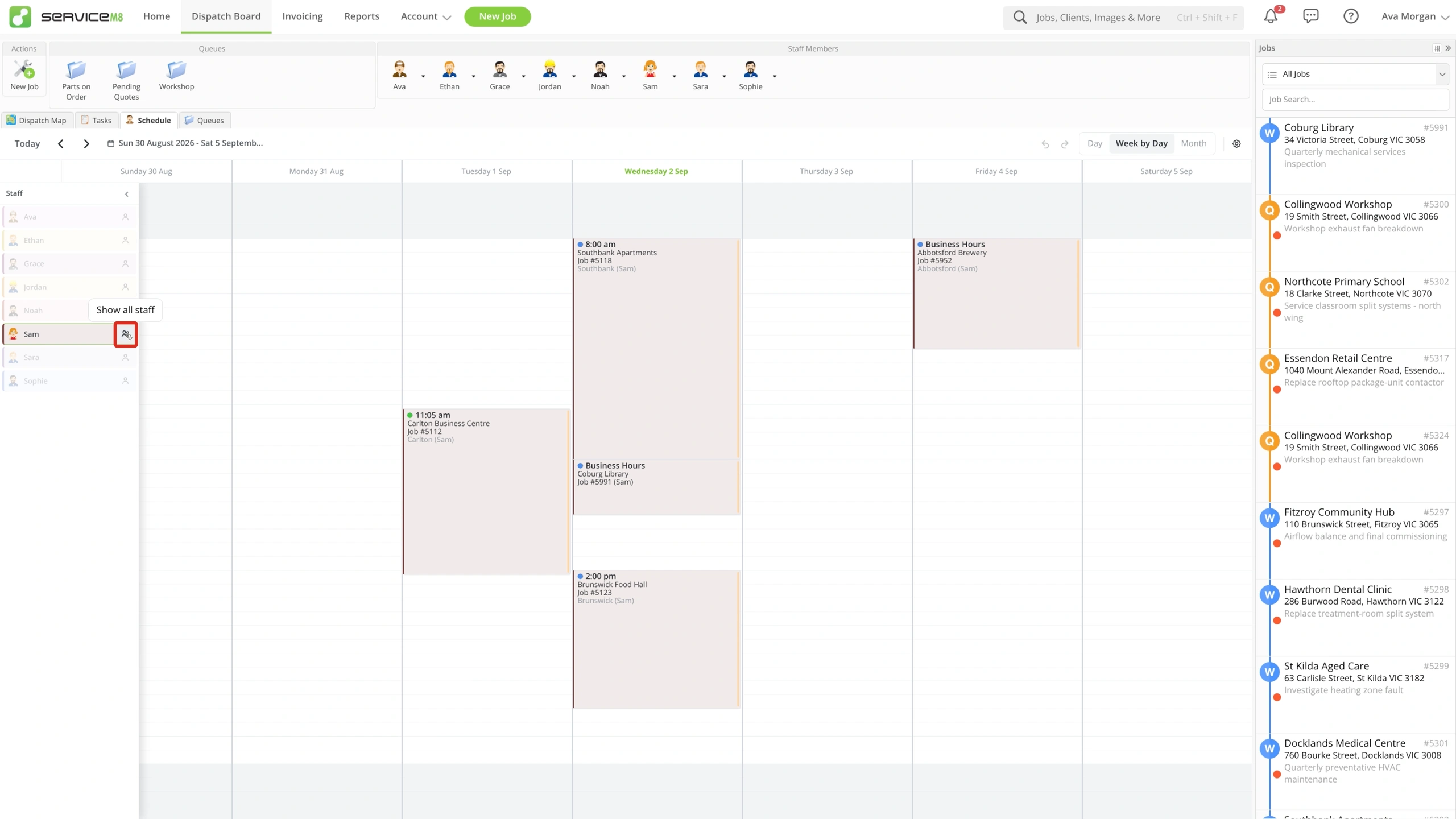 Week by Day focused on one staff member, with the Show all staff control outlined