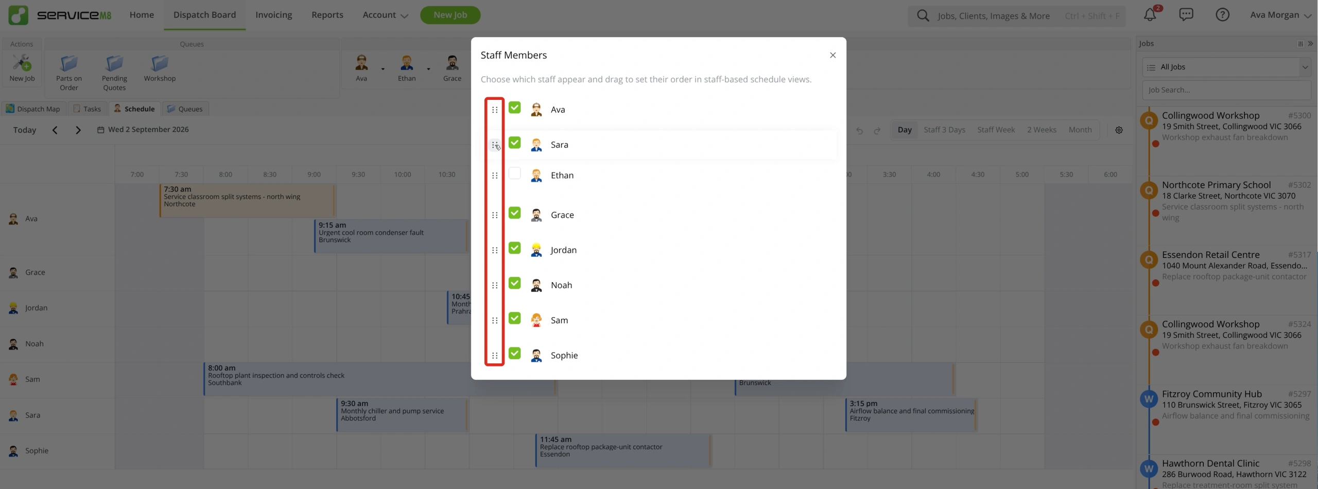 Staff Members window with visibility checkboxes and reorder handles