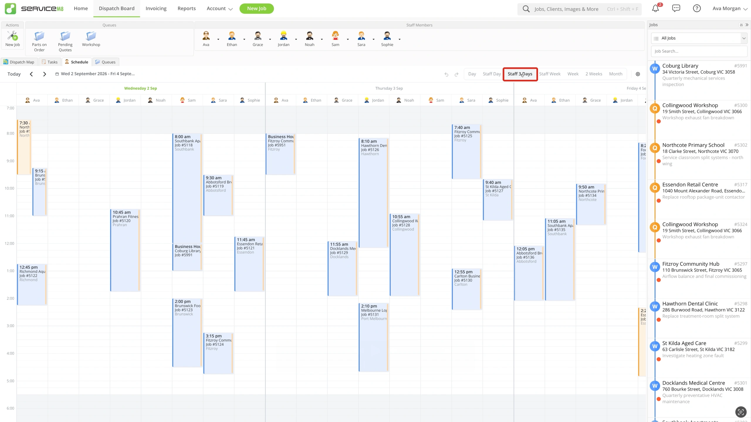 Staff 3 Days selected, with bookings arranged in vertical staff columns