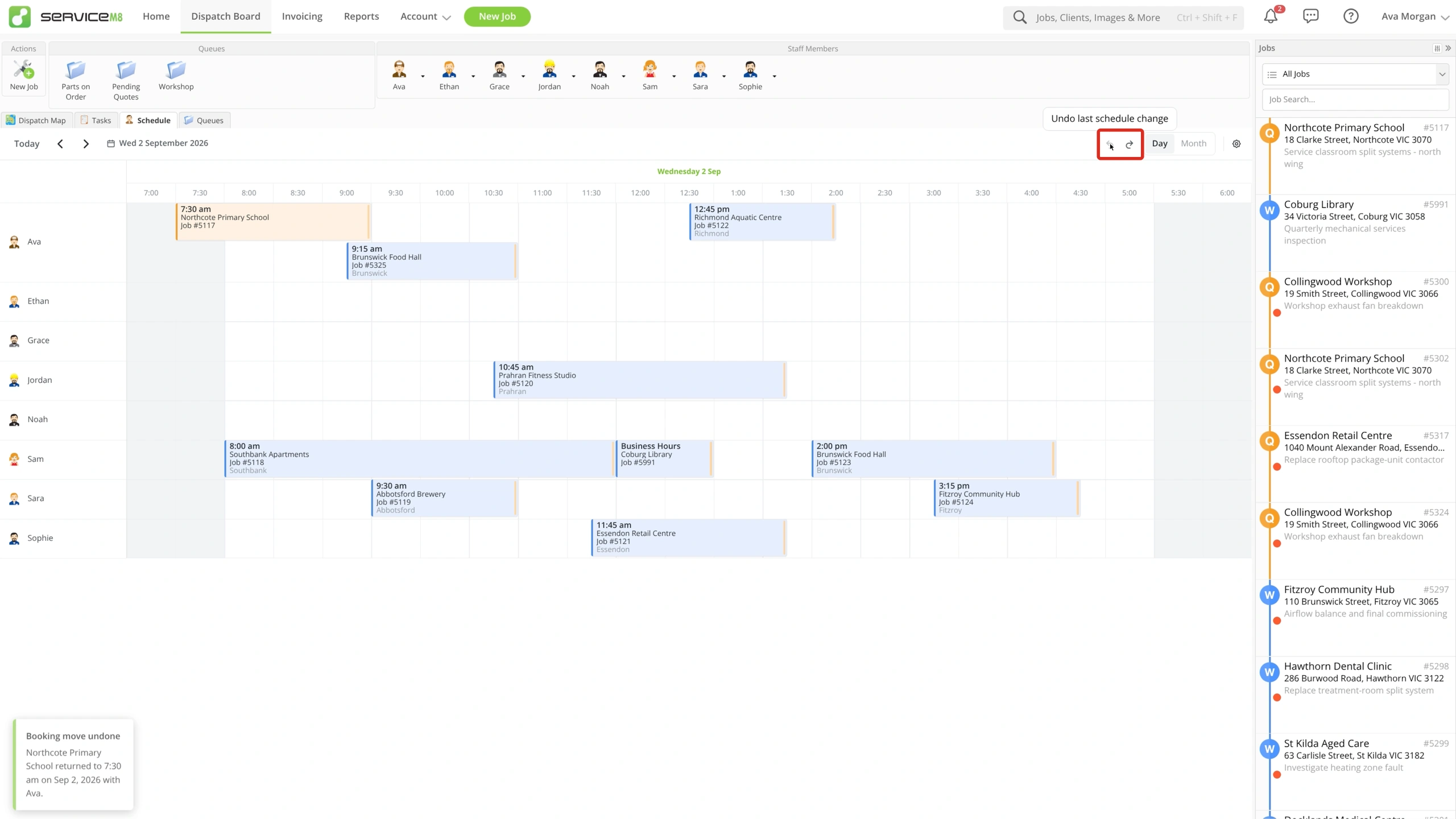 Undo and Redo controls with a notice confirming that a booking move was undone