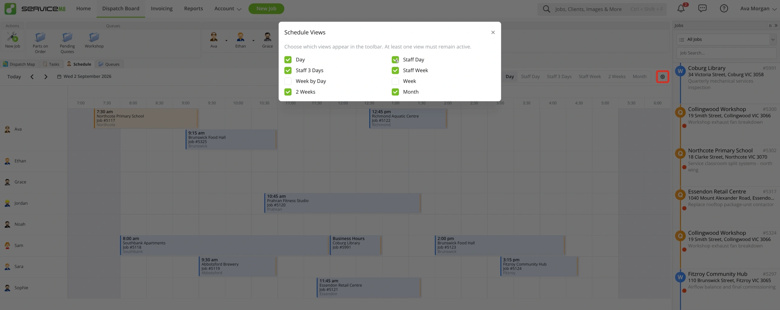 Schedule Views window with the Schedule display preferences gear icon outlined