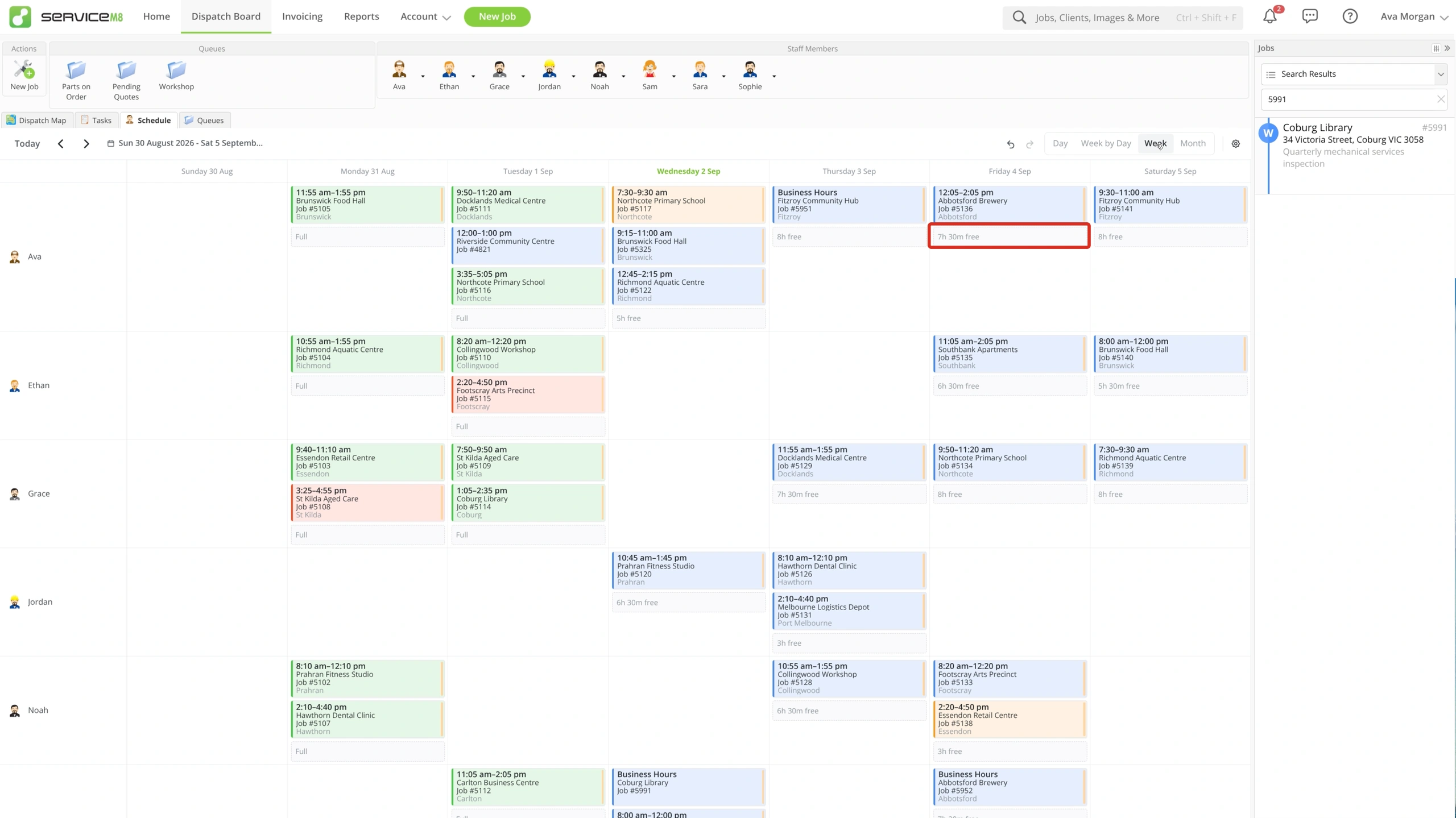 Week view showing staff rows, bookings and remaining daily capacity