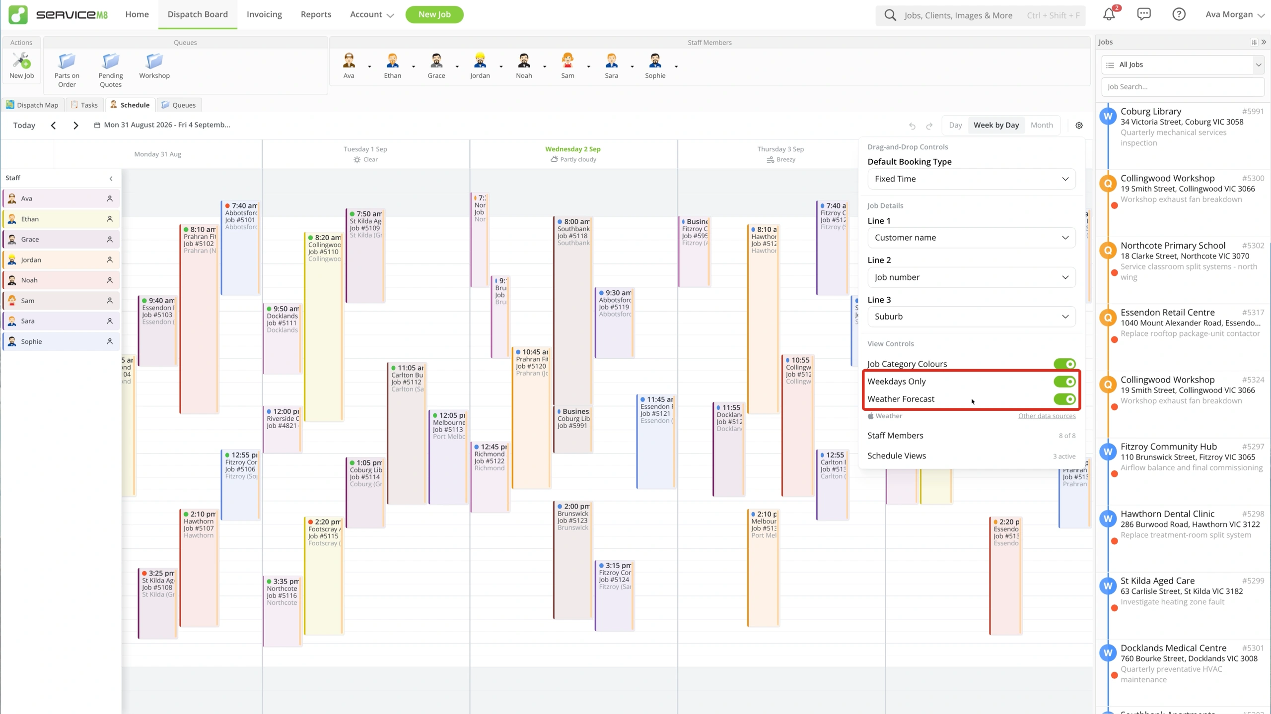 Weekdays Only and Weather Forecast enabled, with forecast details visible above the schedule