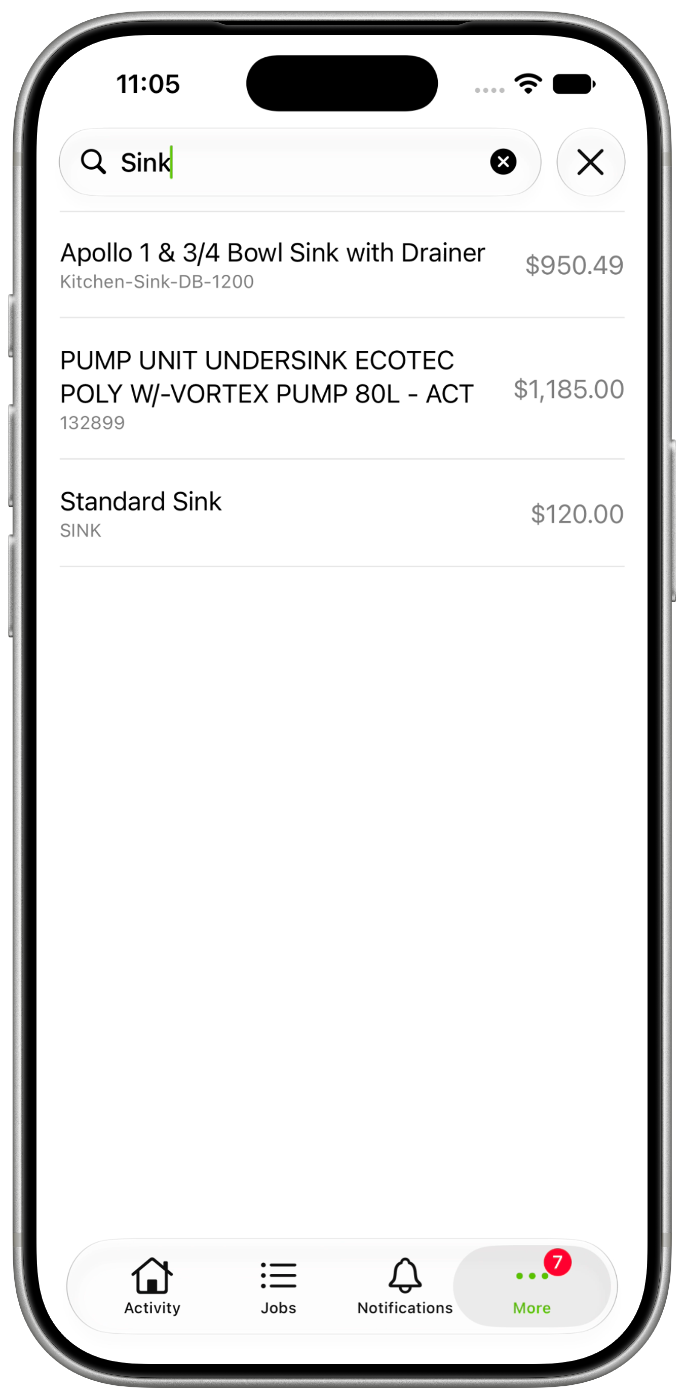 Materials search for Sink showing the Apollo sink priced at $950.49