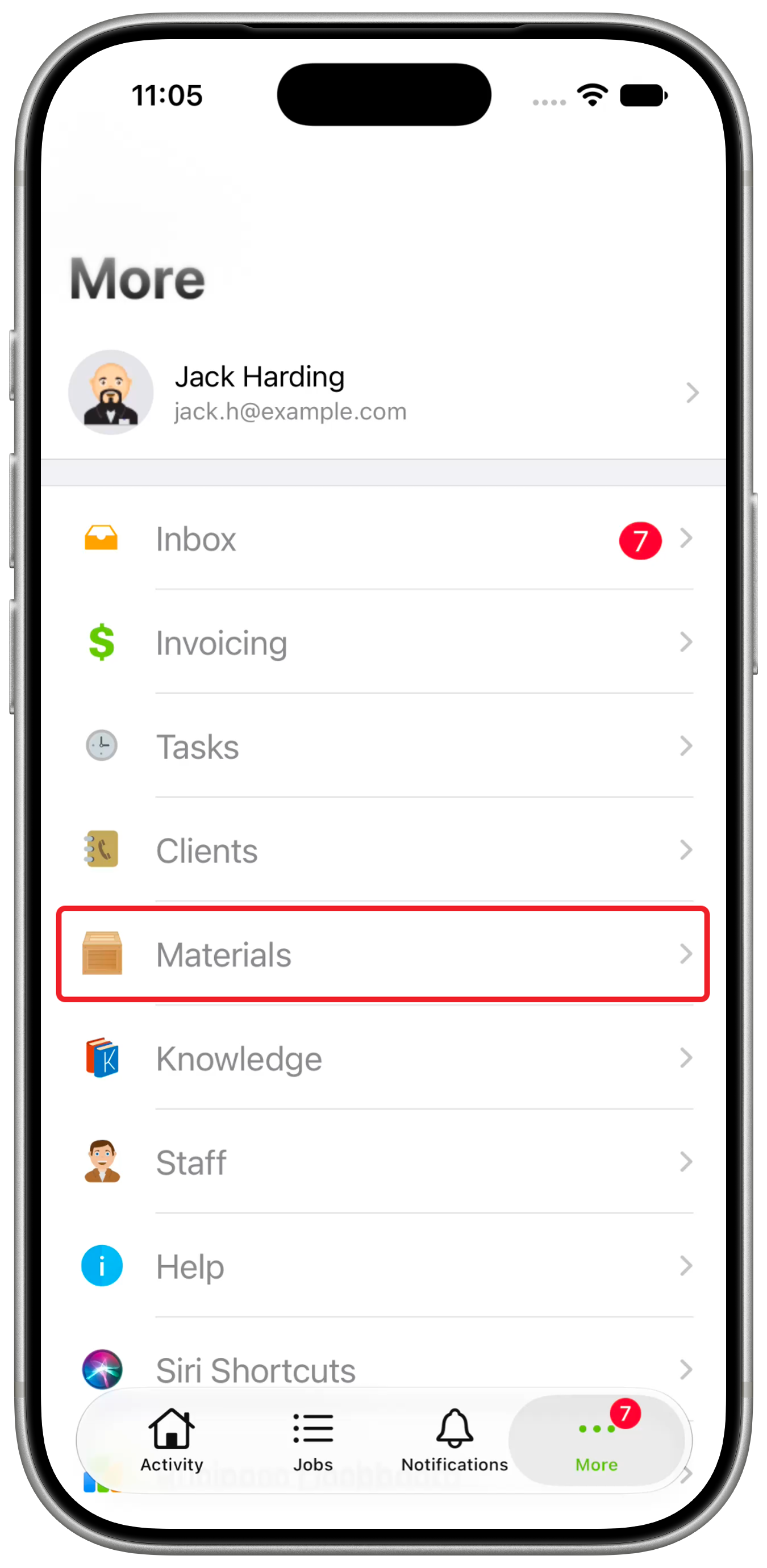 iPhone More menu with the Materials row outlined in red