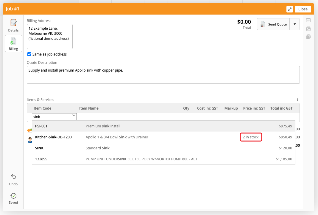 Material search results in Billing with the Apollo sink's 2 in stock outlined in red