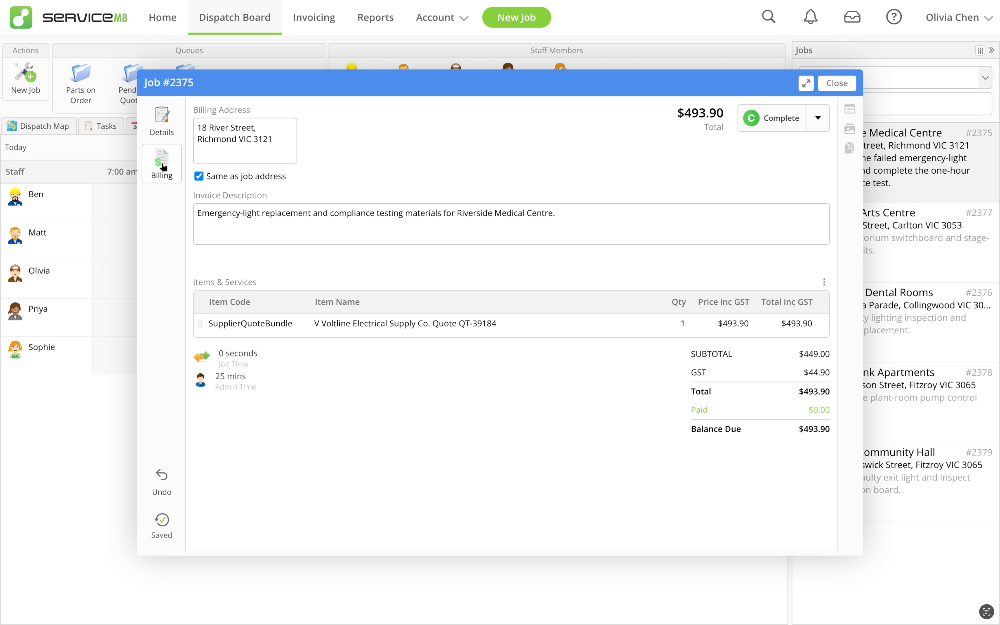 Billing showing the imported Bundle and the Saved indicator.