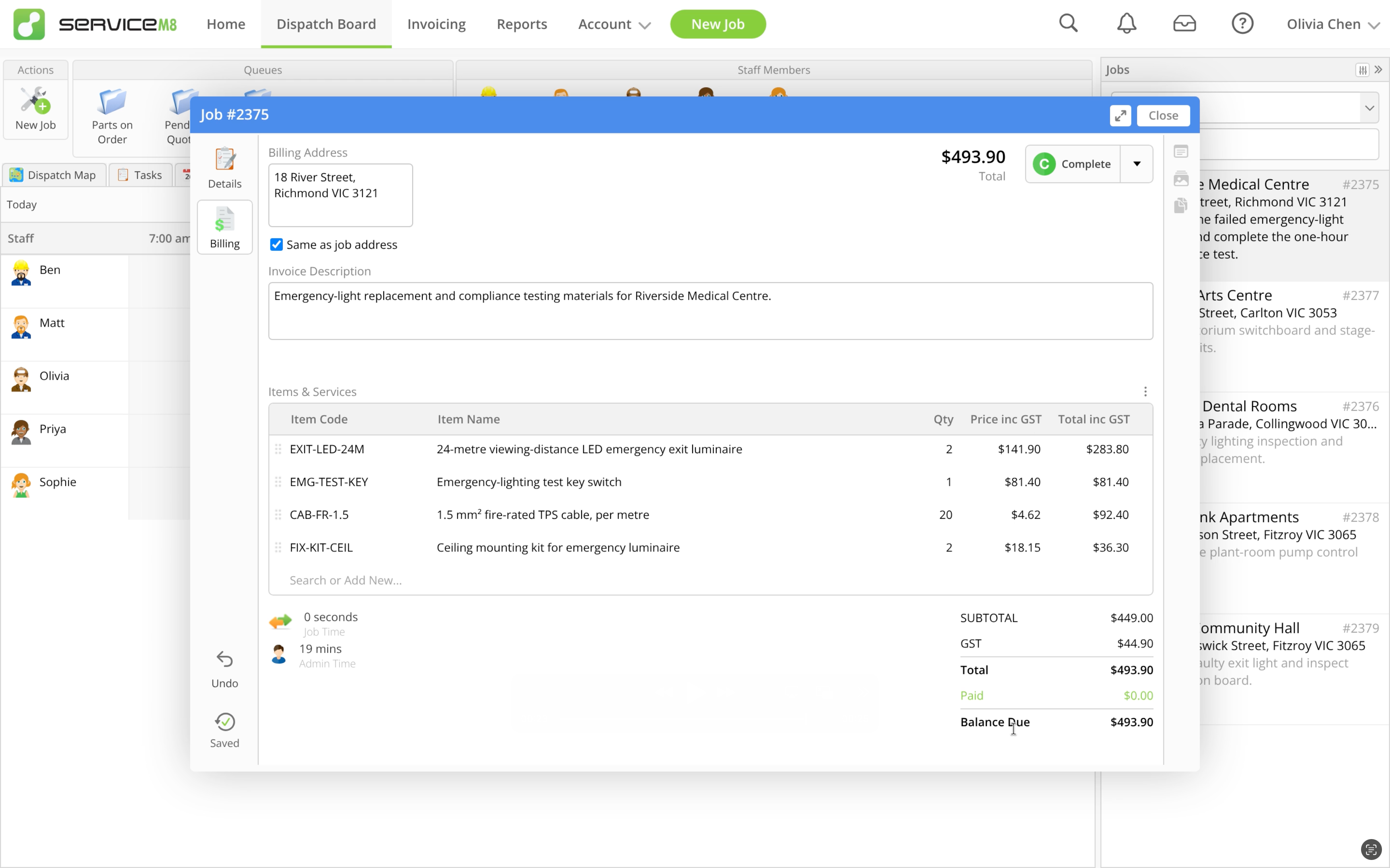 Billing showing four separate imported items and the Saved indicator.