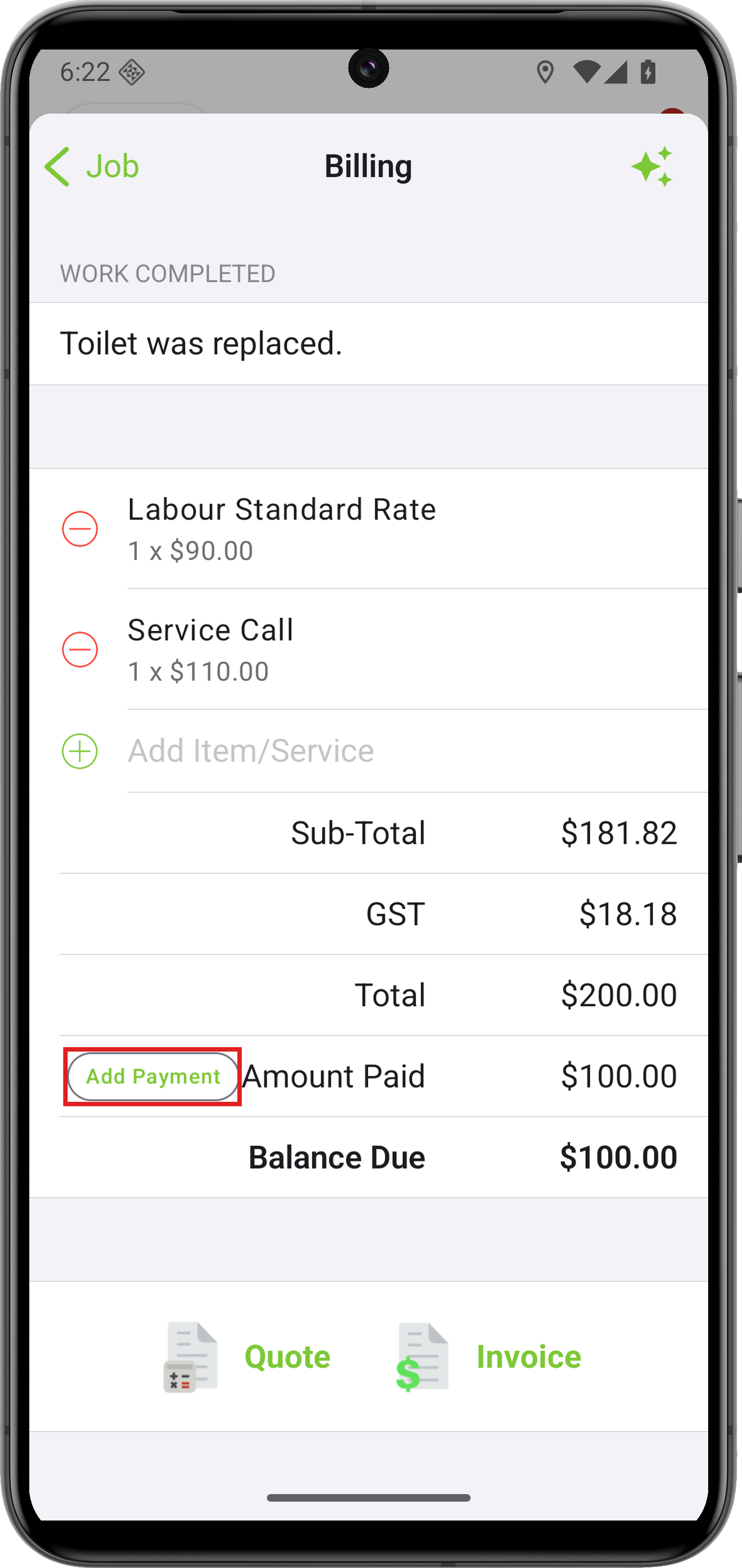 Android Billing screen with Add Payment outlined in red.