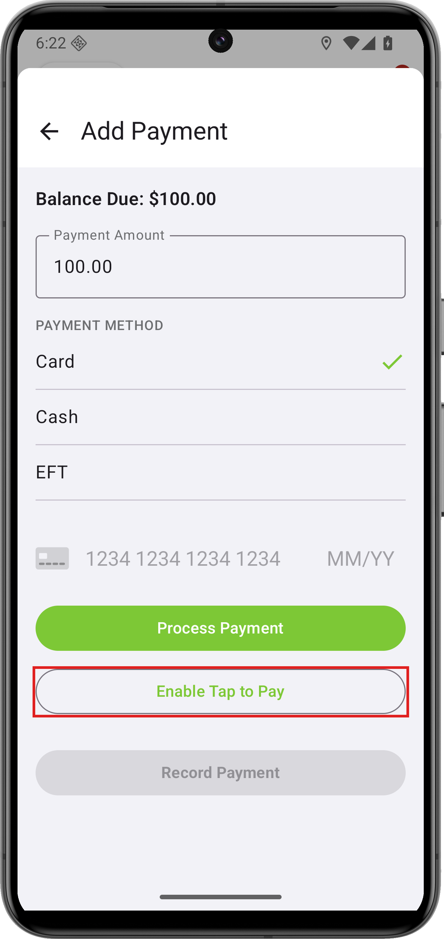 Card selected in Add Payment, with Enable Tap to Pay outlined in red.