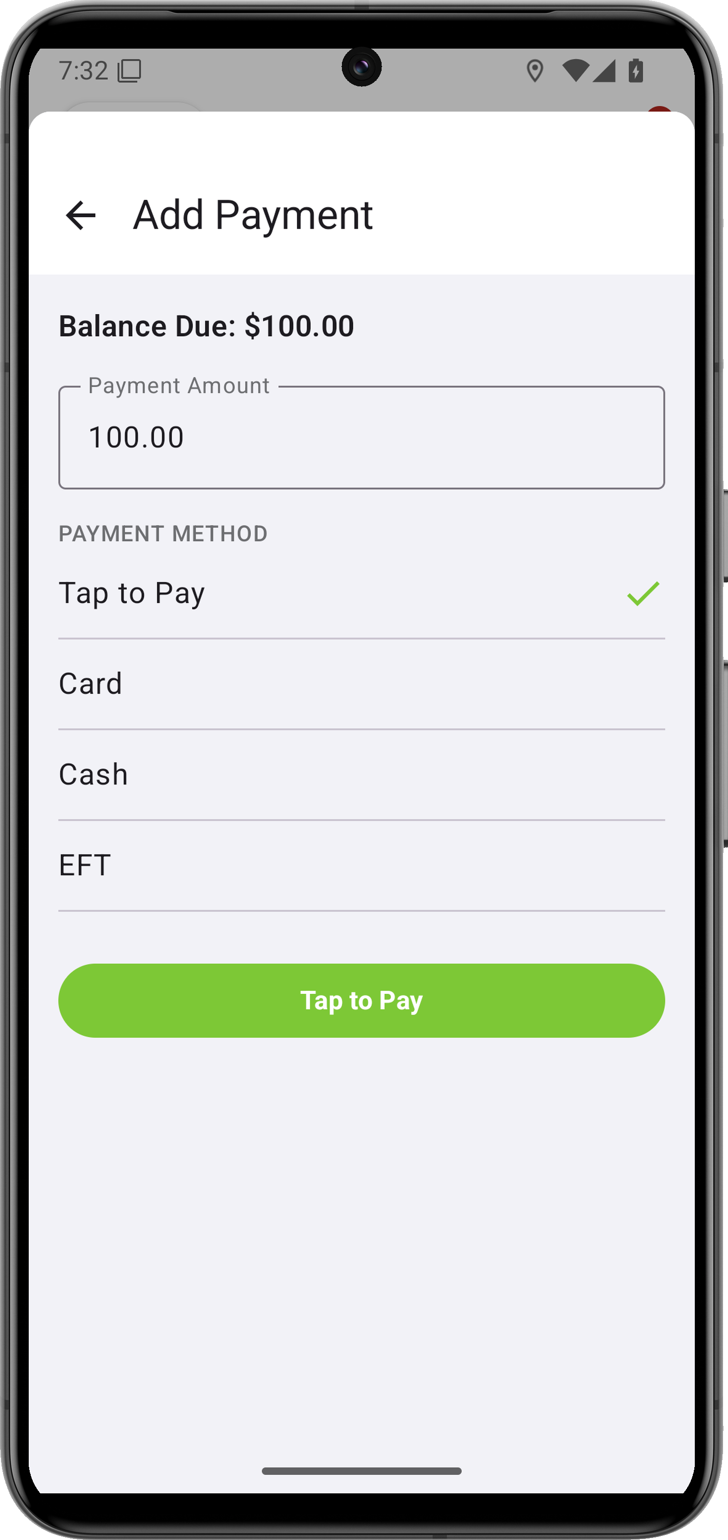Tap to Pay selected in the Android Add Payment screen.