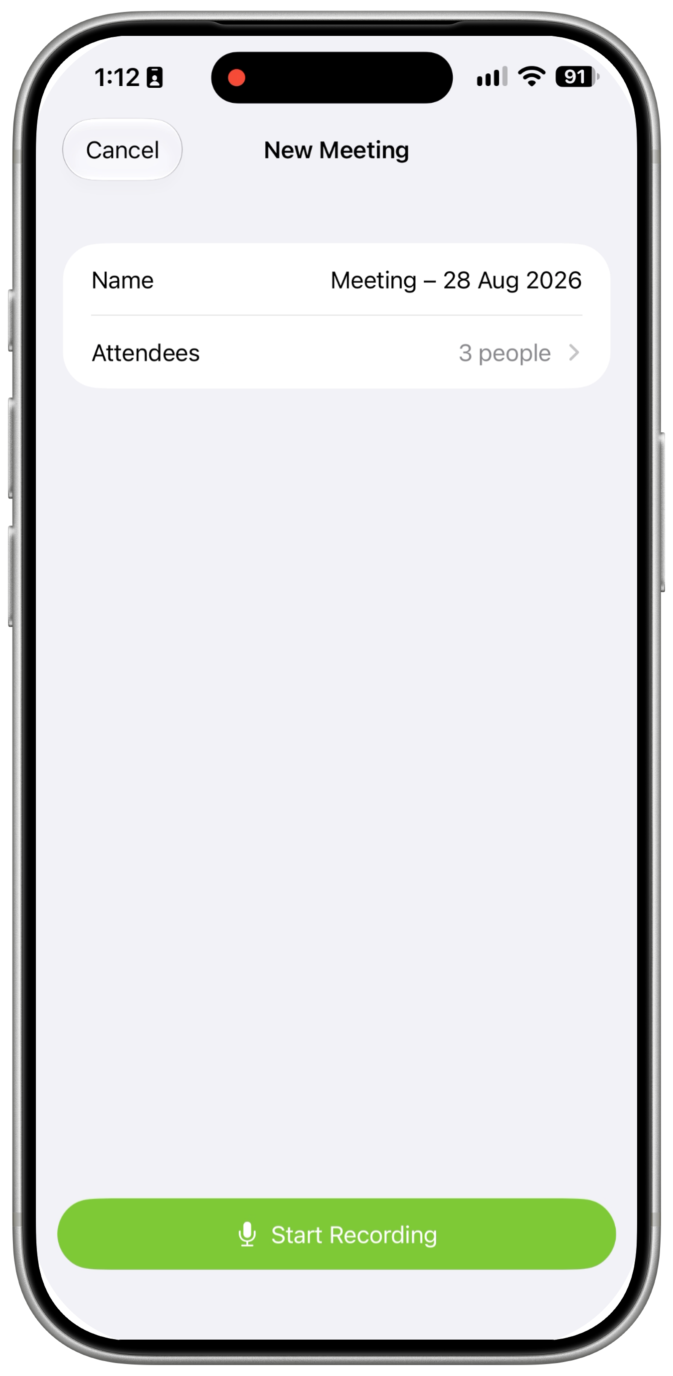 New Meeting screen showing the meeting name, three attendees and the Start Recording button.