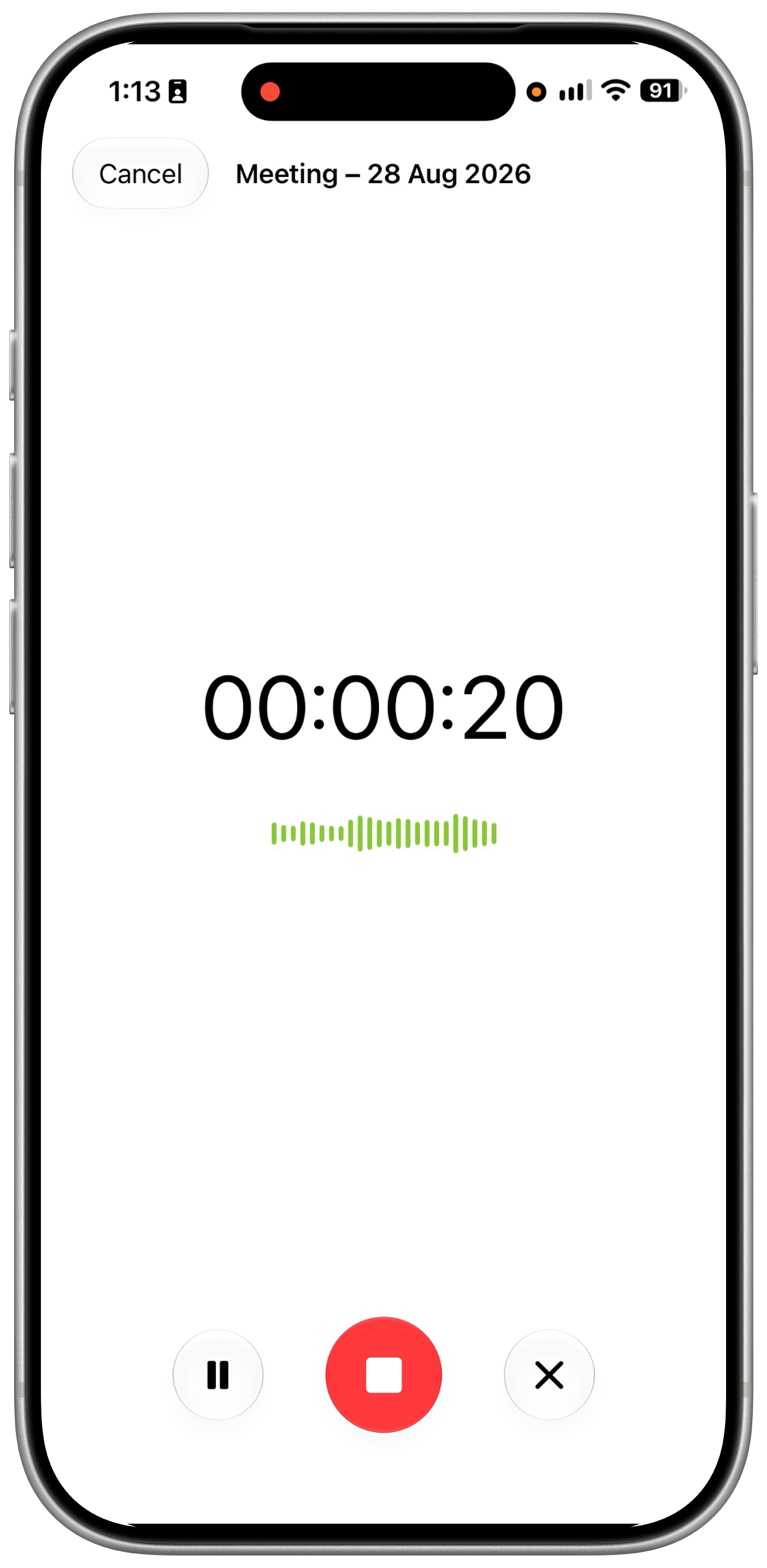 An active recording at twenty seconds, with pause, red stop and cancel controls.