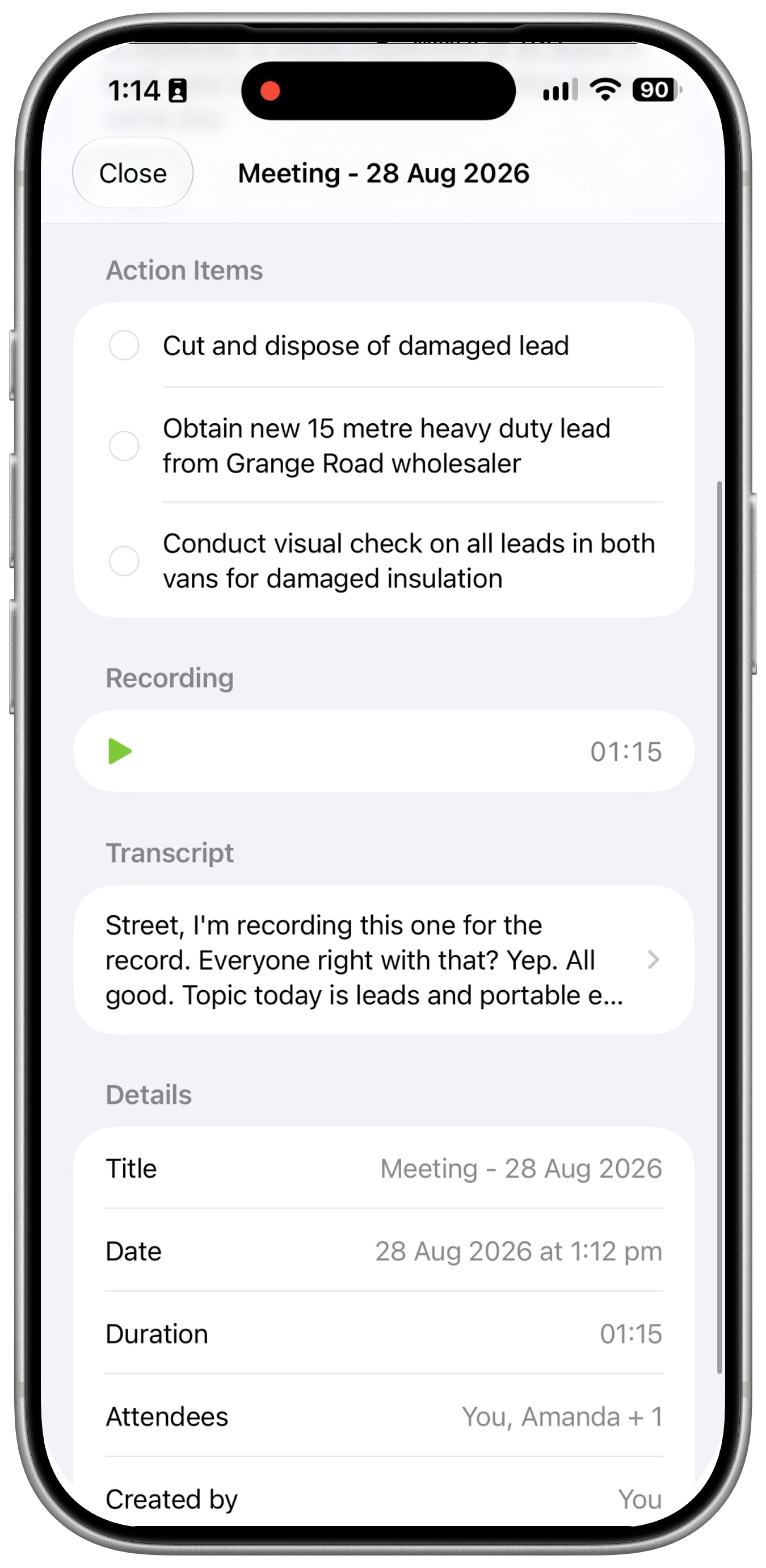 Saved meeting showing inline action items, a one-minute-fifteen-second recording, the transcript entry and meeting details including date and attendees.