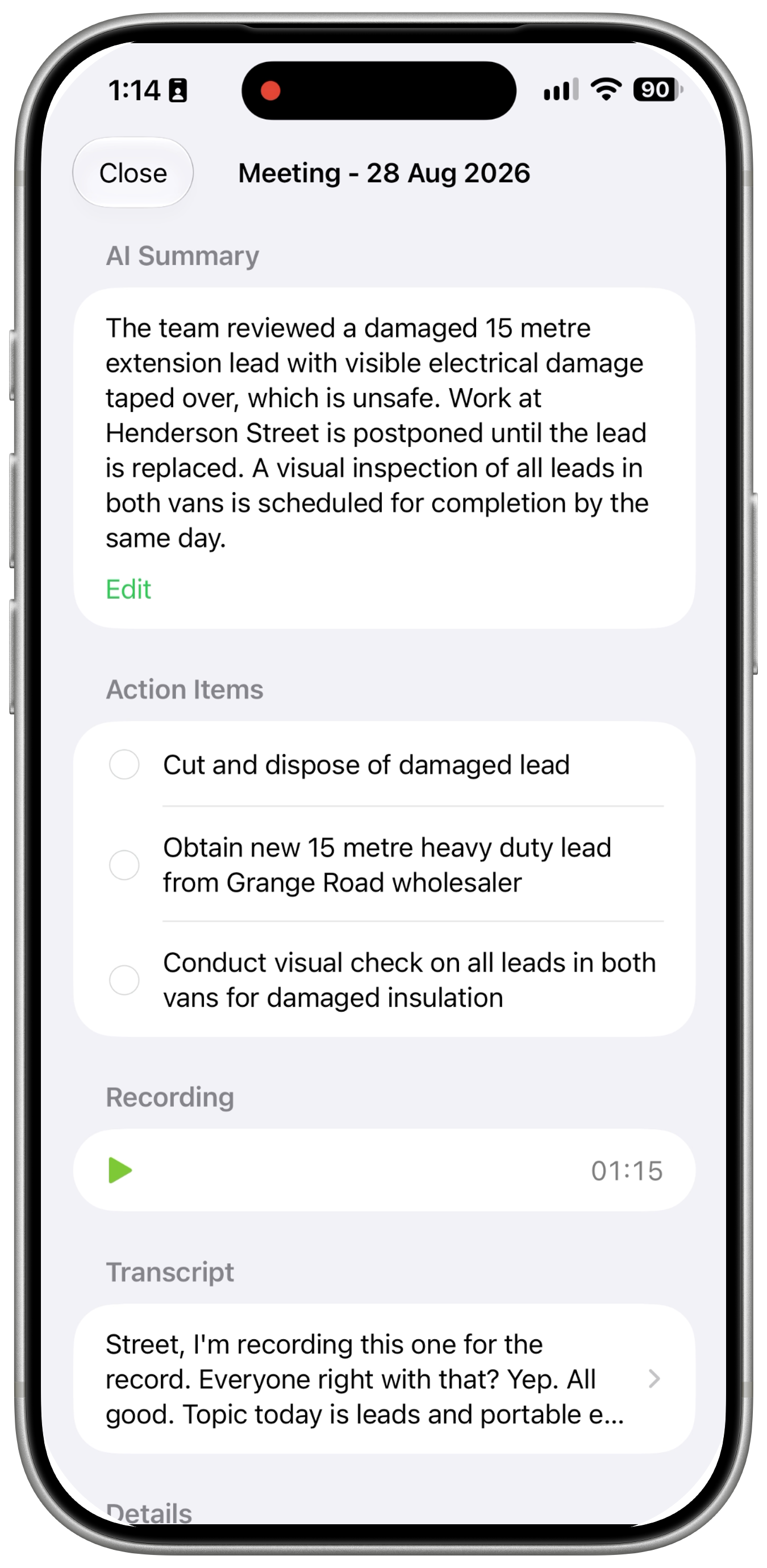 A saved meeting summary about damaged equipment, an Edit button and three unchecked action items.