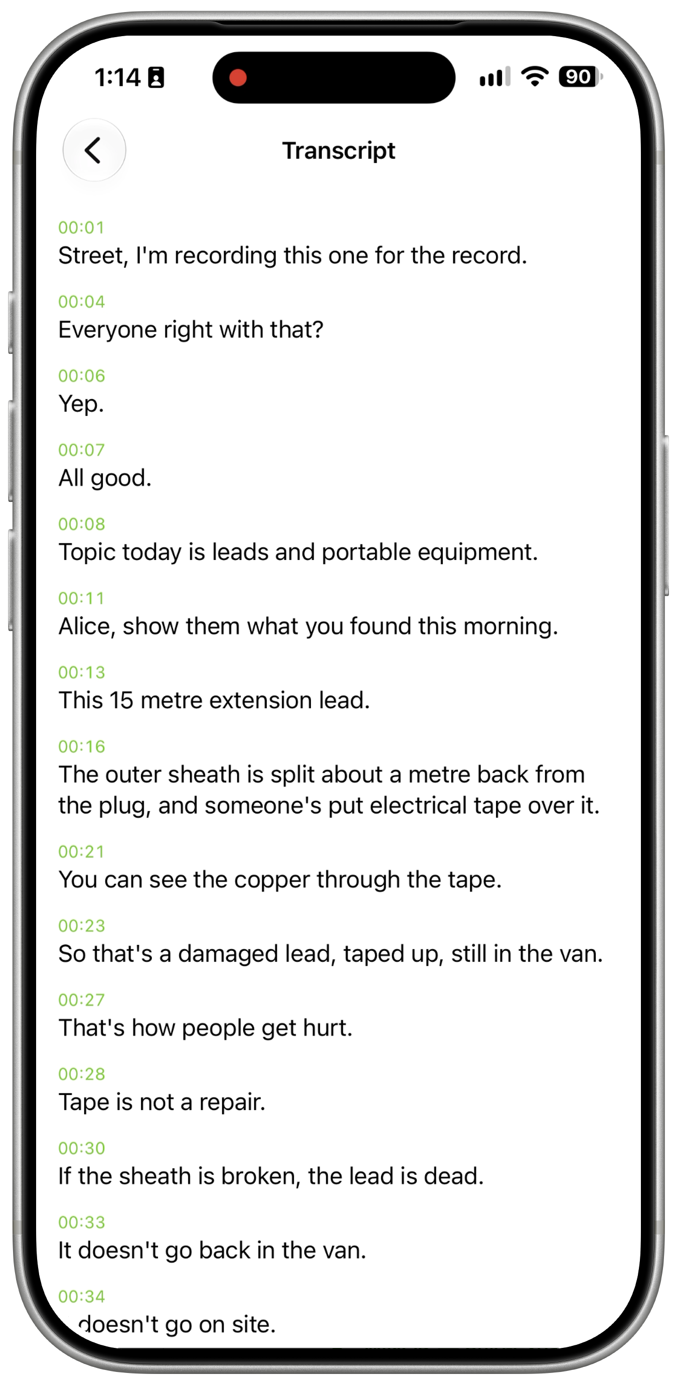Meeting transcript with tappable timestamps beside passages from an equipment-safety briefing.